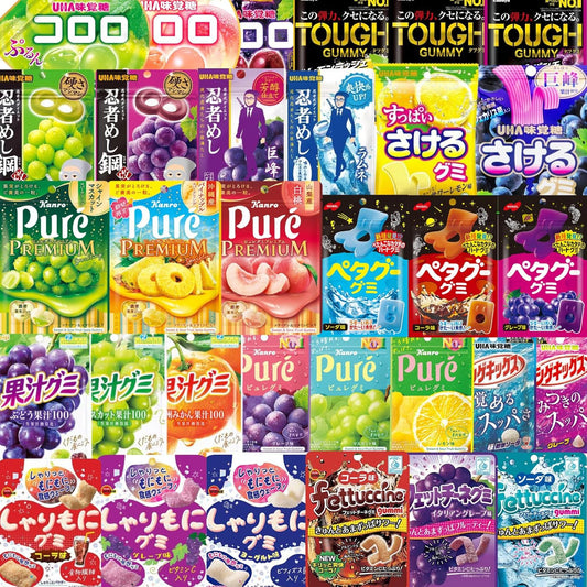Assorted Gummies Set of 10 Pieces, 10 Varieties: Fruit Juice Puree, Puree Premium, Sharimoni, Petagoogumi, Taffgummi, Fettuccine, Kororo, Ninjameshi, Shigekicks - Pikotta