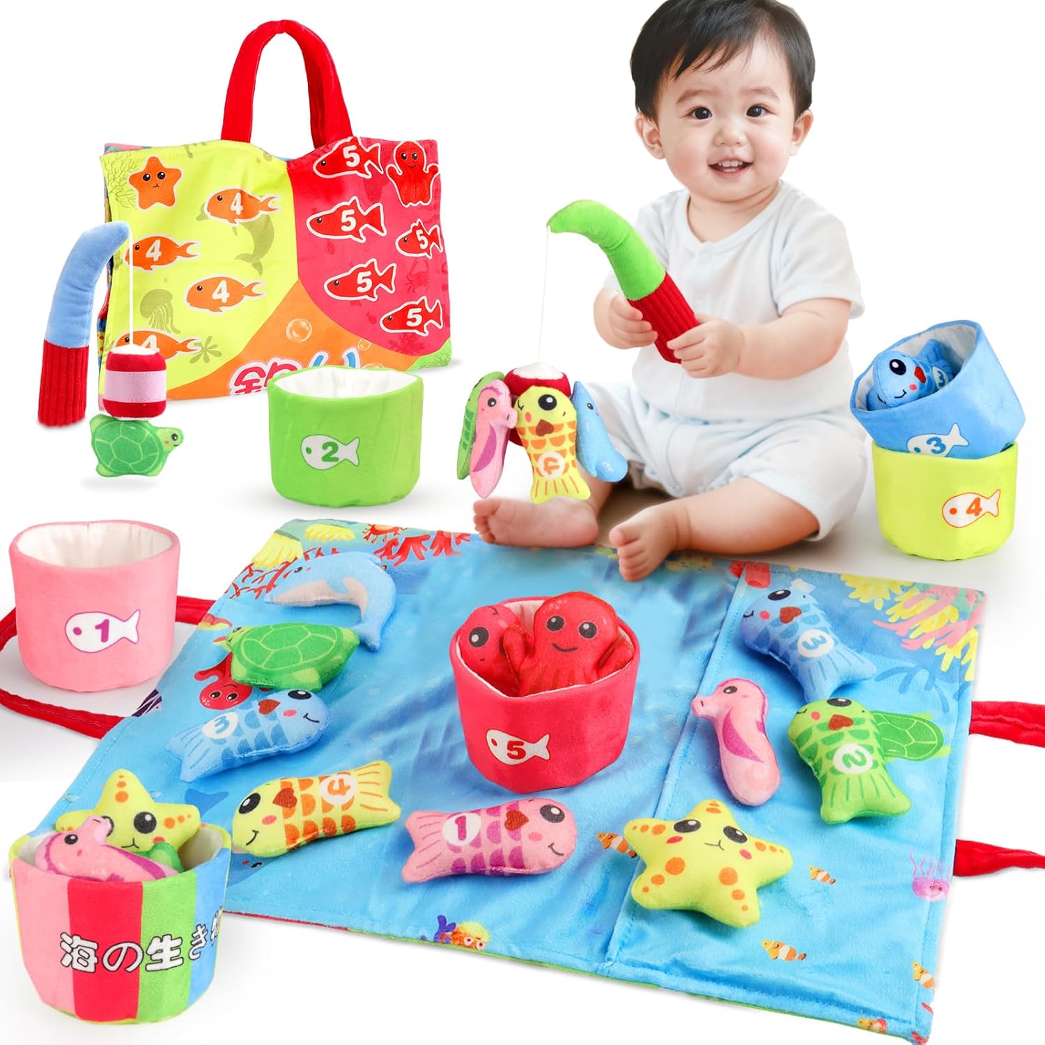Fishing Toy Montessori Educational Toy Fabric-based Fish Fishing Toy 29-Piece Set 【Food Sanitation Law Test Passed】 Shape Matching Color Recognition and Classification Number Recognition and Counting
