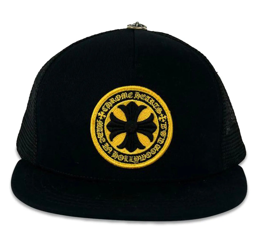 CHROME HEARTS PLUS CROSS SEAL STAMP BLACK TRUCKER HAT