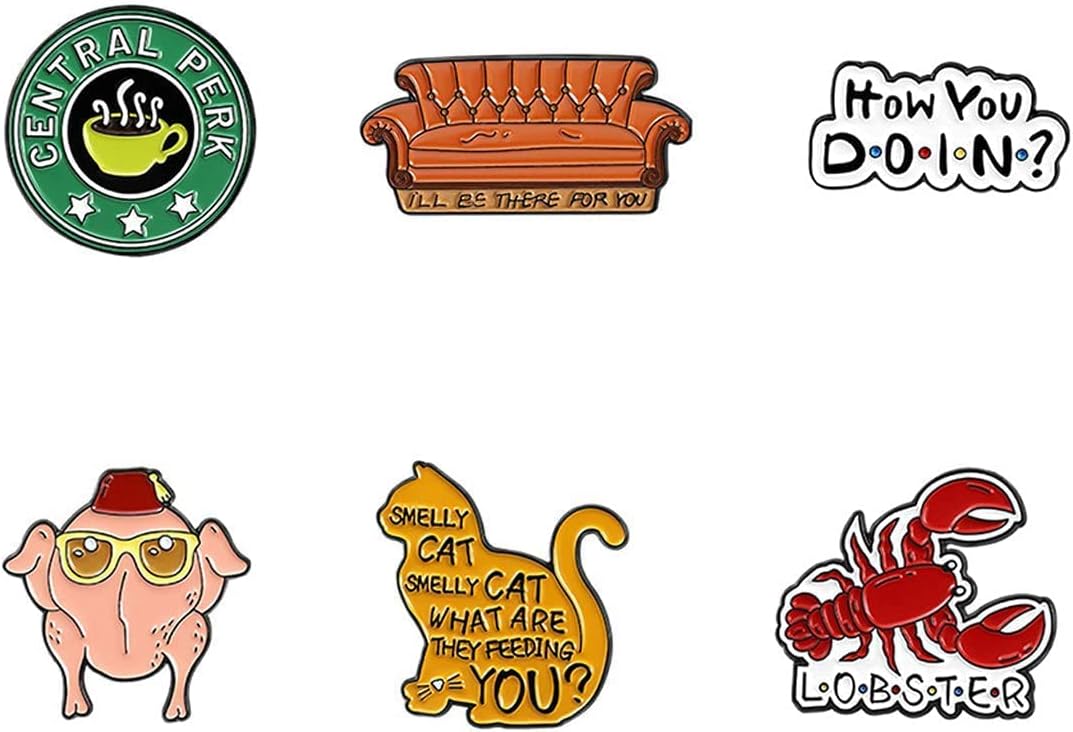 6 pines esmaltados clásicos con temática de comedia de situación, regalos de broche para fanáticos | Iconic sitcom character designs, lightweight enamel fan merch, trendy decorative pin gifts for bags and outerwear