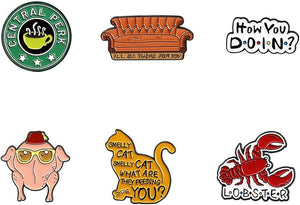 6 pines esmaltados clásicos con temática de comedia de situación, regalos de broche para fanáticos | Iconic sitcom character designs, lightweight enamel fan merch, trendy decorative pin gifts for bags and outerwear