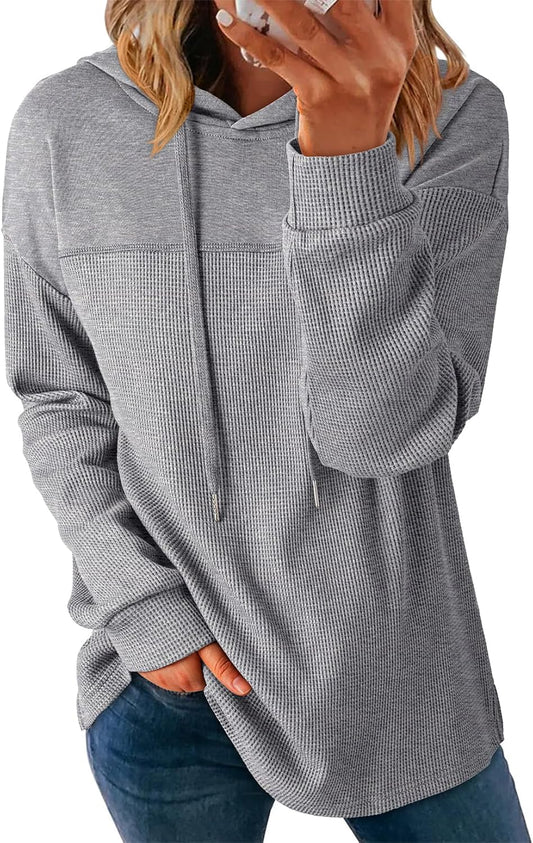 Dokotoo Sudaderas con capucha para mujer, de punto gofre, manga larga, con cordón, ligeras, con capucha