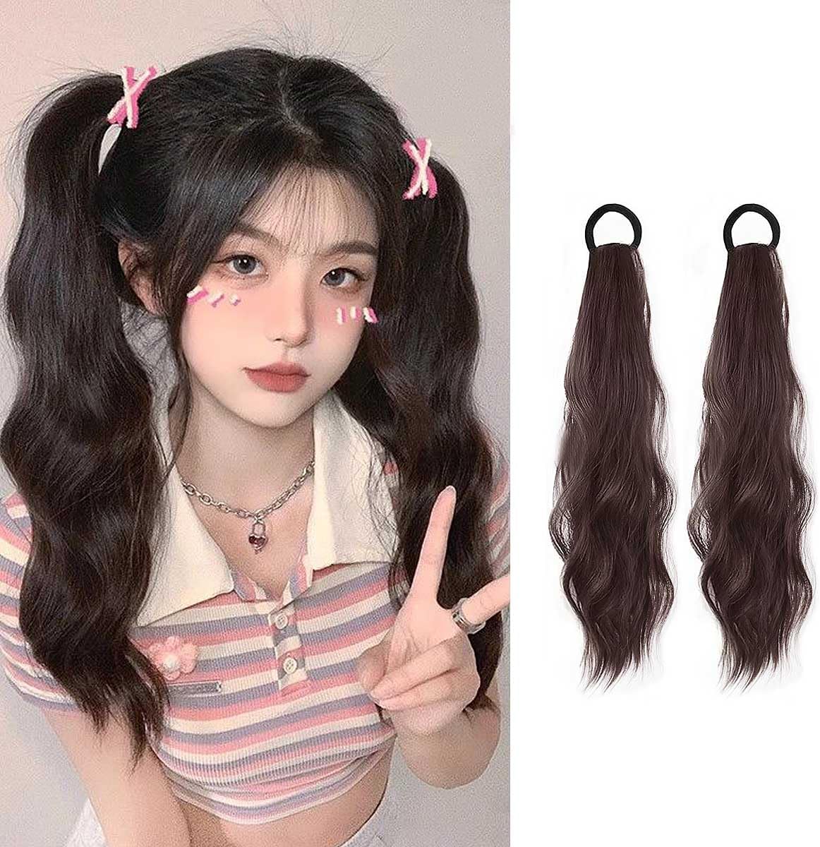 Hair Extension, Braid Wig, 2 Piece Set, 21.7 inches (55 cm), Braided Ponytail, Curly Wig, Twin Tail, Braid, Natural, Fluffy, Extension, Dance Extension, Hair Extension, Costume, Event, Party, Birthday