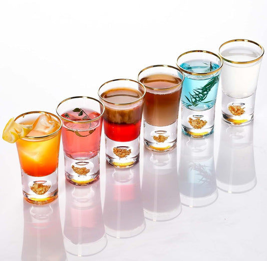 【morningplace】Crystal Shot Glass Heavy Base with 4K Gold Foil Flakes Heat Resistant Cup Gift Tequila Espresso Party (Set of 6)