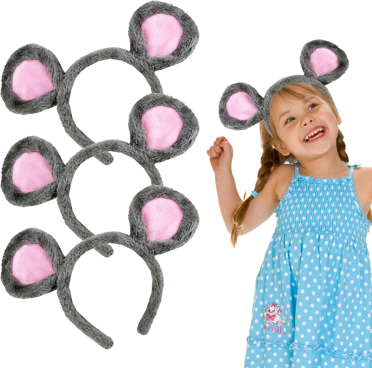 UILYNIU Set of 3 Mouse Ears, Animal Ears Headband for Children and Adults, Mouse Costume Set for Halloween Costume Accessories Party Carnival (Grey)