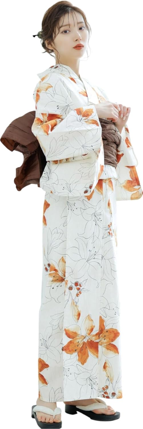 Dita Women's Yukata, 5-piece Set, Waist Belt, Orange, Brown, Blue, White, Colorful, Japanese Style, Classic, Lily, Floral Pattern, Large, Easy to Wear by One Person