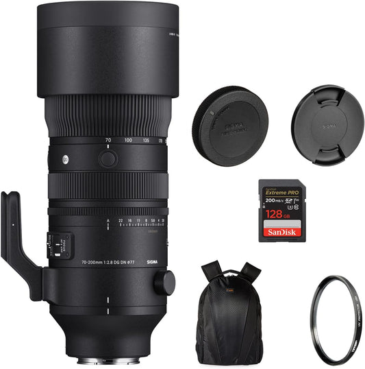 Sigma 70-200mm f/2.8 DG DN OS Sport Lens for Sony E | Dyanmic Zoom Camera Lens (Tiffen 77mm UV Filter) 128GB Extreme PRO SD Card and Camera Backpack with Versatile Storage (Bundle Set)