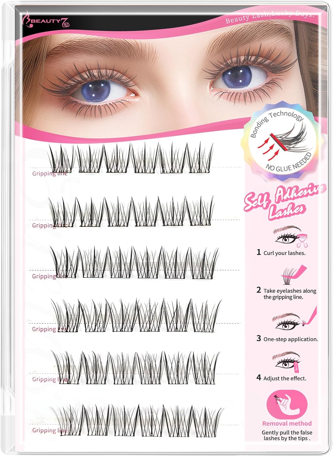 Beauty7 Glue Free Partial False Eyelashes, Glue Free, 0.4 - 0.5 inches (10 - 12 mm), Self Adhesive False Eyelashes, 1 Second Eyelashes, Natural, Transparent Axis, Upper Eyelashes, Short, Soft, Actress