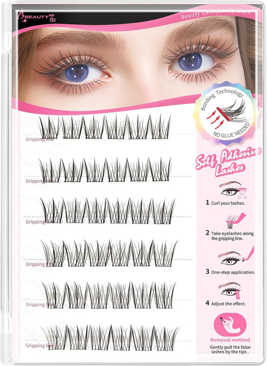 Beauty7 Glue Free Partial False Eyelashes, Glue Free, 0.4 - 0.5 inches (10 - 12 mm), Self Adhesive False Eyelashes, 1 Second Eyelashes, Natural, Transparent Axis, Upper Eyelashes, Short, Soft, Actress