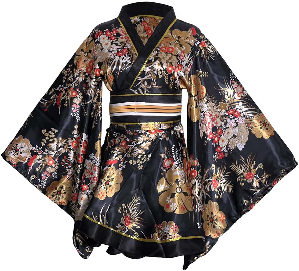Women's Short Kimono Costume, Floral Pattern, Long Sleeve, Japanese Traditional Geisha, Yukata, Lolita Dress, Sexy Bath, Srobe, Sleepwear Robe, Belt Outfit