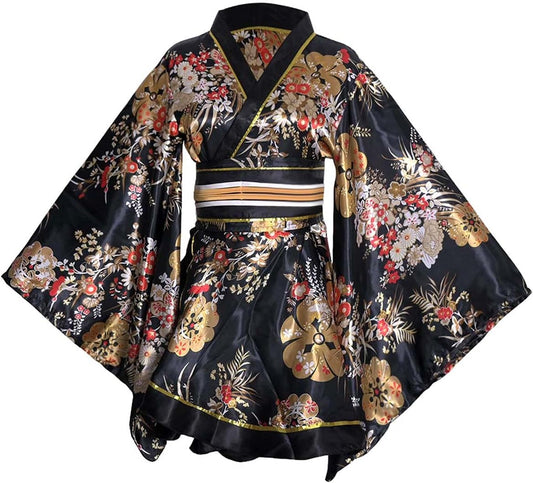 Women's Short Kimono Costume, Floral Pattern, Long Sleeve, Japanese Traditional Geisha, Yukata, Lolita Dress, Sexy Bath, Srobe, Sleepwear Robe, Belt Outfit