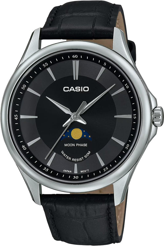 Casio MTP-M10 Series Standard Moon Phase Analog Men's Watch, Metal Band, Overseas Model, Leather Band Black Round MTP-M100L-1AV, Classic