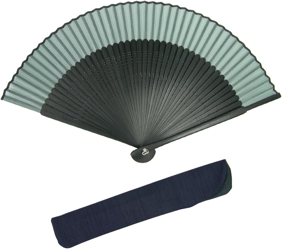 Kyoetsu Men's Folding Fan, Pure Silk, Plain, Black Ribs, 2-Piece Set (Fan and Fan Bag)