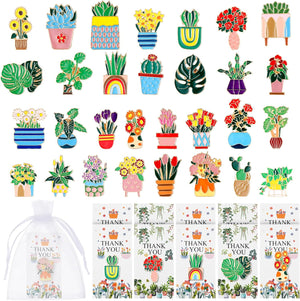 Remuuly 30 juegos de alfileres esmaltados para plantas, flores florales a granel, broches de solapa en maceta con tarjetas de agradecimiento y bolsas de organza blanca para mochila, ropa, mujeres, profesores, personal de boda, regalos de fiesta