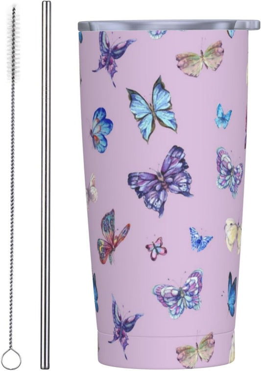 Vaso de mariposa púrpura con tapa y popote, taza de viaje aislada de acero inoxidable de 20 onzas, botella de agua caliente y fría, recuerdo de mariposa azul para hombres y mujeres