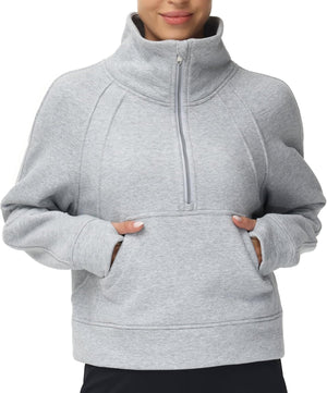 THE GYM PEOPLE Sudadera corta de forro polar con media cremallera para mujer con bolsillos y agujero para el pulgar | Crop sweatshirt with thumb hole, Functional pockets, Fleece Lined, Half zip sweatshirt for work, travel