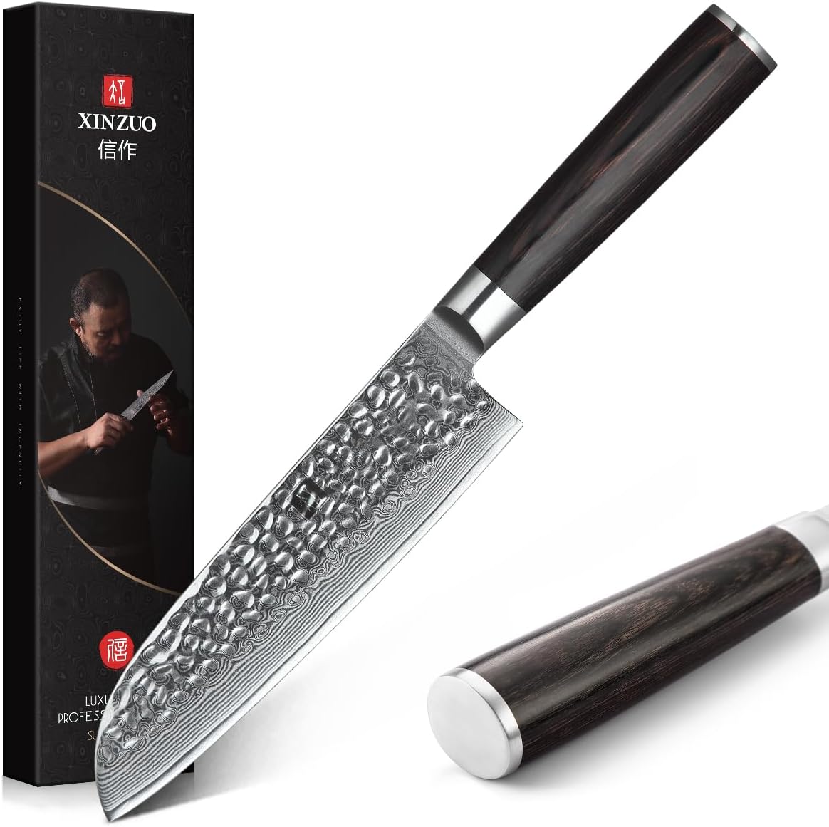 XINZUO Damascus Steel Santoku Knife - 67-Layer Damascus Steel 17.6cm Santoku Chef Knife, Professional Kitchen Cooking Knife, Suitable for Cutting Meat, Vegetables, and Fruits - Ergonomic Pakka Wood