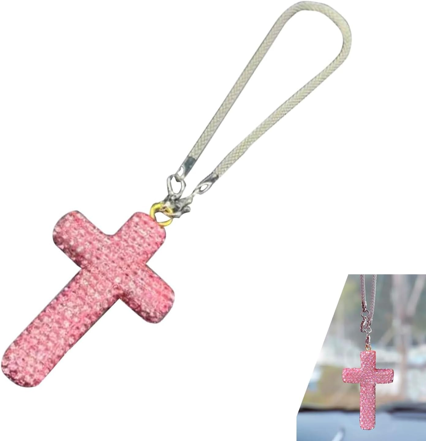 Adorno colgante de cruz brillante para automóvil, colgante de cruz de diamantes de imitación brillantes para espejo retrovisor de automóvil, colgante de decoración de espejo retrovisor de