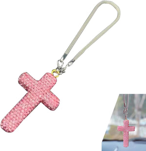 Adorno colgante de cruz brillante para automóvil, colgante de cruz de diamantes de imitación brillantes para espejo retrovisor de automóvil, colgante de decoración de espejo retrovisor de
