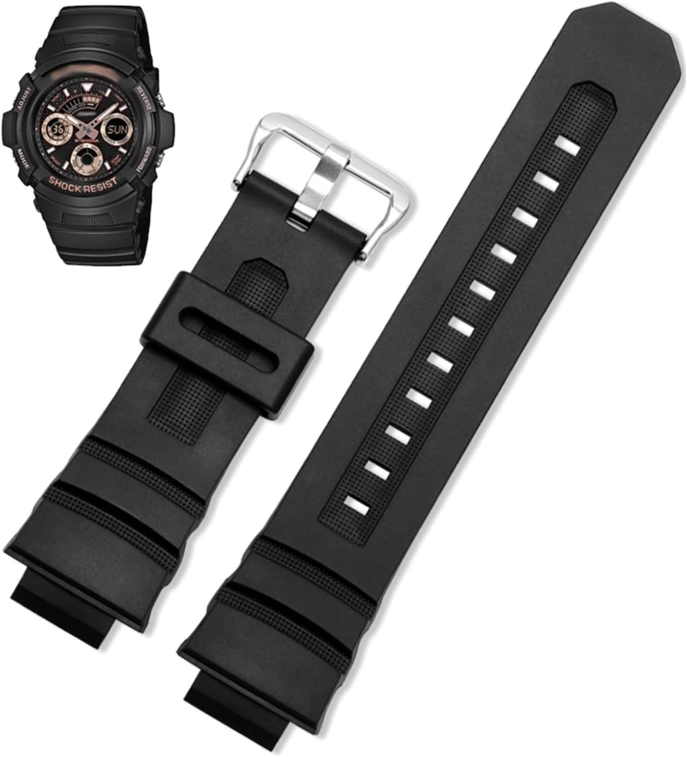 Casio G-Shock AW-591/590/5230/282B AWG-M100/101 G-7700/7710 Replacement Bracelet Wrist Strap Compatible Rubber Watch Band (Band Color: Black, Band Width: 16mm) (16mm Silver)