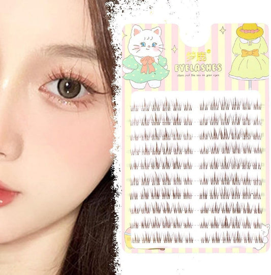 Coffee color individual false eyelashes cluster, long natural false eyelashes, soft transparent stem false eyelashes, invisible bands, handmade eye makeup tools