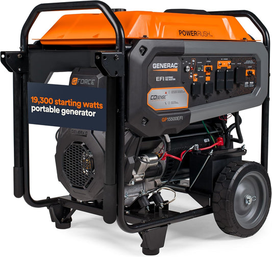 Generac 15,500 Watt Gas Powered Portable Generator - Powerful Electronic Fuel Injection Engine - COsense Technology - Emergency Backup Power and Field - 49 State Compliant - Home Orange / Black