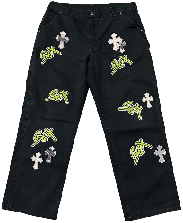 CHROME HEARTS 'SEX RECORDS' 16 CROSS PATCH BLACK/NEON JEANS
