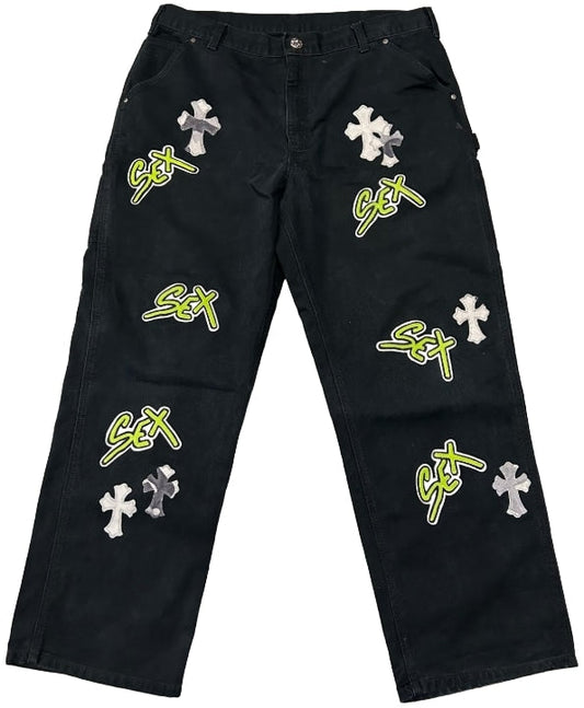 CHROME HEARTS 'SEX RECORDS' 16 CROSS PATCH BLACK/NEON JEANS