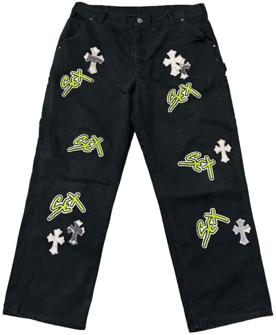 CHROME HEARTS 'SEX RECORDS' 16 CROSS PATCH BLACK/NEON JEANS