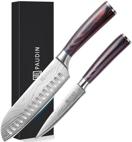 PAUDIN Santoku Knife, 6.7 inches (170 mm) with Sheath, Stainless Steel Knife, Well-Cut + Petty Knife, Paring Knife, 5.0 inches (127 mm) with Sheath