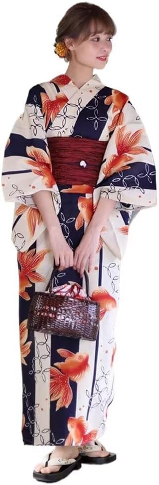 [JIUJIUYCL] Yukata Kimono, Women's, 2-piece Set, 3-piece Set, Obi, Tie Belt, Geta Clogs, Wrinkle-Resistant, Japanese Pattern, Floral, Goldfish Pattern, Japanese Style, Classic, Cute, Breathable