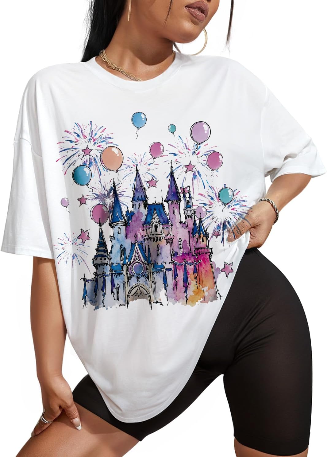 Flafens Camisetas de gran tamaño para mujer, camisetas con gráficos, holgadas, cuello redondo, manga con estampado lindo, camisetas de verano a la moda