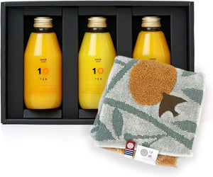 10FACTORY Gift Ehime Mandarin Orange Juice, Imabari Towel, Iori Mikan Set, Boxed, Handbag Included, High Quality, Additive-Free, Made in Japan (Handkerchief + 6.8 fl oz (200 ml) x 3)