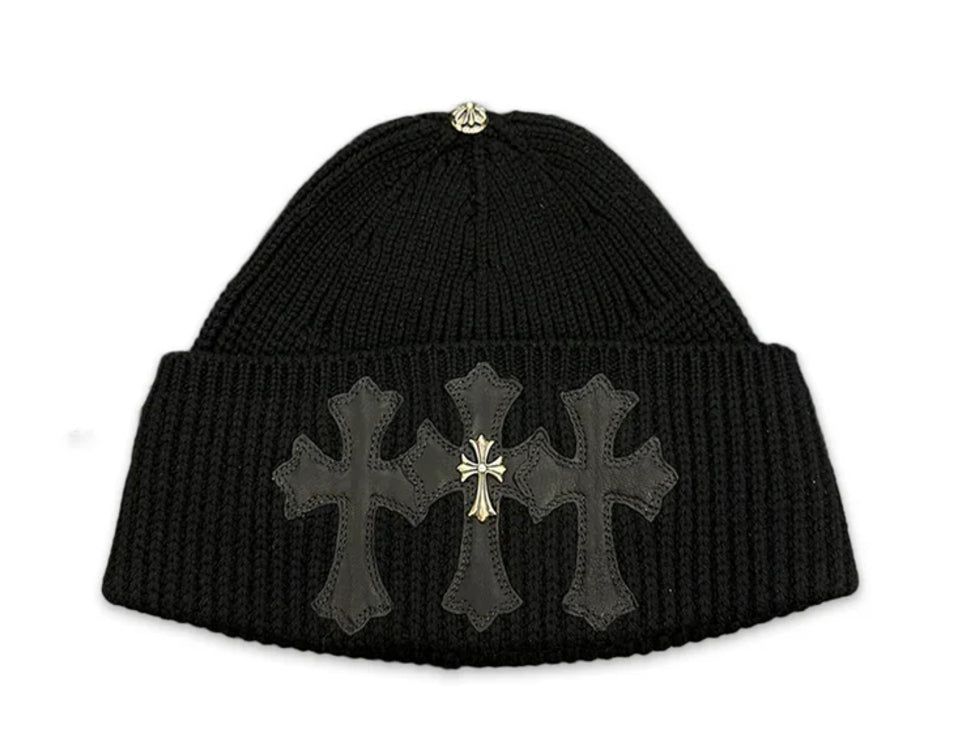 CHROME HEARTS 'LEATHER TRIPLE CROSS PATCH' WITH SILVER CROSS CASHMERE BEANIE
