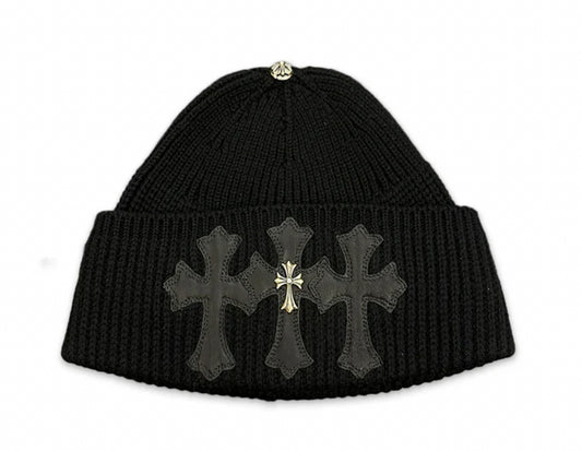 CHROME HEARTS 'LEATHER TRIPLE CROSS PATCH' WITH SILVER CROSS CASHMERE BEANIE