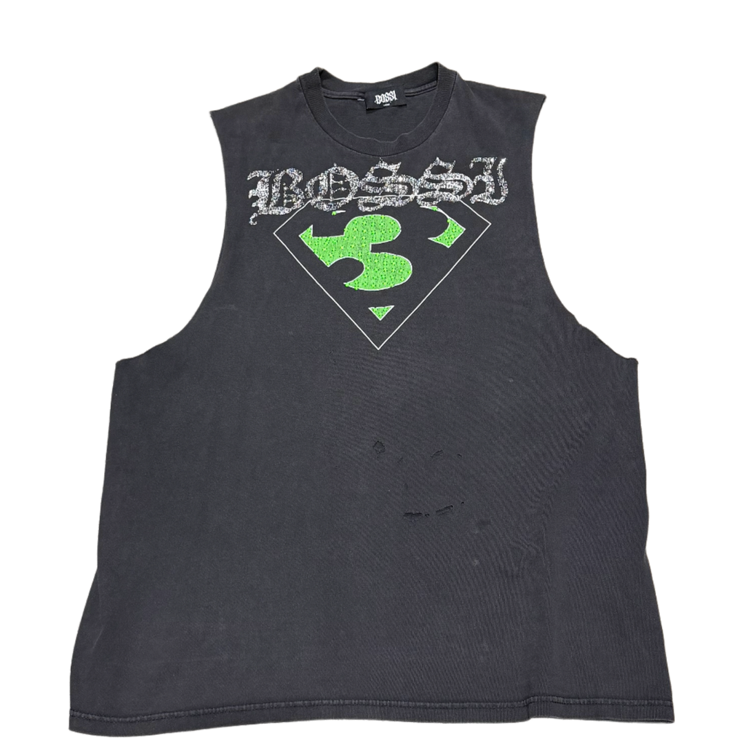 BOSSI '3 DOORS KRYPONITE' RHINESTONE VINTAGE CUT OFF TEE