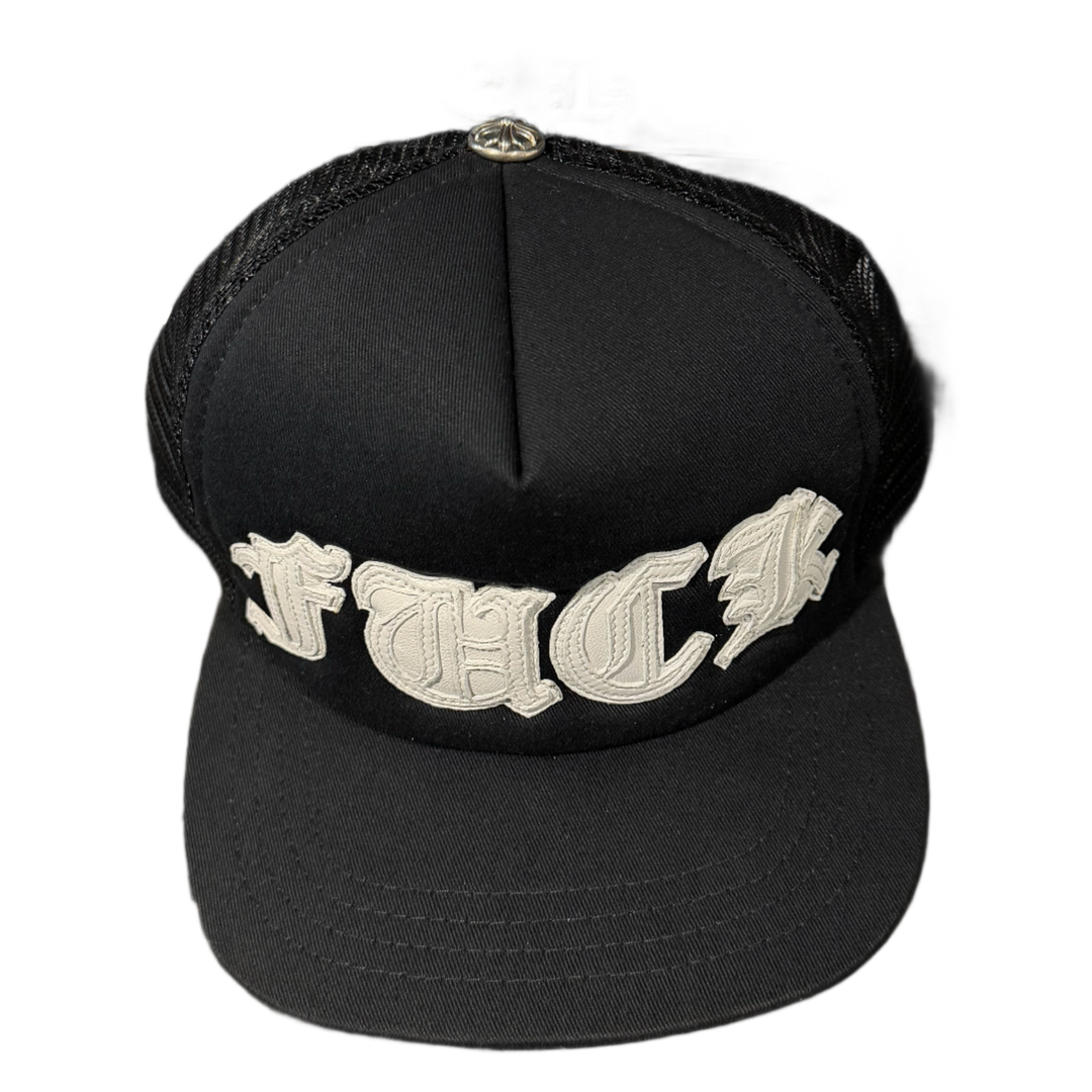 CHROME HEARTS 'FUCK' WHITE LEATHER PATCH TRUCKER HAT