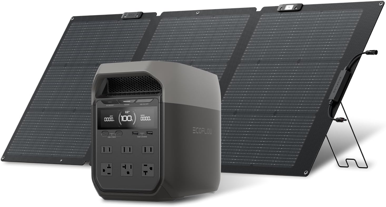 EcoFlow DELTA 3 Portable Power Supply, 1024Wh 160W Single Sided Solar Panel, Gen2, 1 Piece, 2-Piece Set, Lithium Iron Phosphate, 100% Charging, 100% Charging in 56 Minutes, High Output AC (Rating
