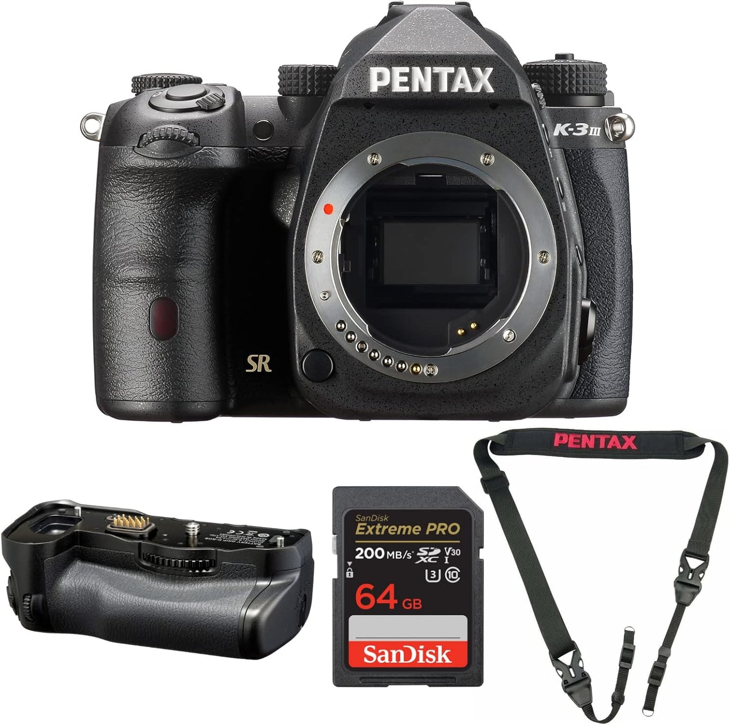 Pentax K-3 Mark III DSLR Camera Body (Black) - Professional Photo Gear with Weather Sealing - Full Frame Sensor - 4K Video Recording Bundle with Strap, 64GB Memory Card and Grips (4 Items)
