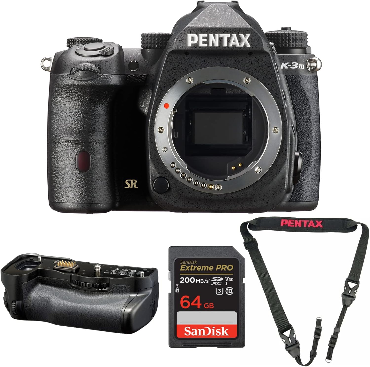 Pentax K-3 Mark III DSLR Camera Body (Black) - Professional Photo Gear with Weather Sealing - Full Frame Sensor - 4K Video Recording Bundle with Strap, 64GB Memory Card and Grips (4 Items)