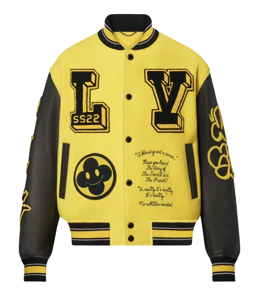 LOUIS VUITTON LEATHER EMBROIDERED BLACK/YELLOW VARSITY JACKET