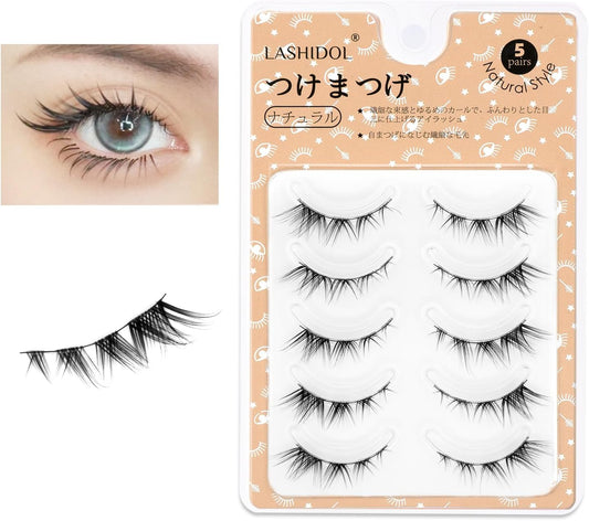 Lashidol False Eyelashes, Natural, Ultra Fine Black Eyelashes, Handmade, False Eyelashes, Natural Fox-like Makeup, For Daily Makeup, Lightweight, Soft, Natural Feel, 5 Pairs (Fox Lash No. 01)