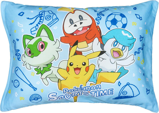 MORIPiLO Kids Pillow, Low Profile, Pokemon Pikachu Sports Time, Blue, Approximately 11 x 15.4 inches (28 x 39 cm), Skin-friendly 100% Cotton Fabric, Washable, Plush Toy Cushion, Character Goods