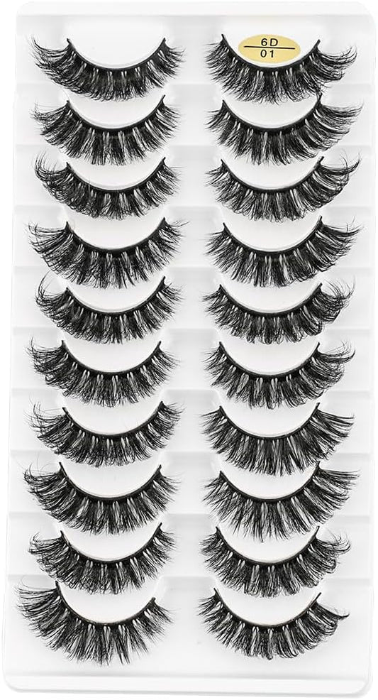 D Curl 10 Pairs False Eyelashes Fake Mink Eyelashes Ultra Thick Soft Handmade Stage Daily Makeup Long Eyelashes (6D-01)