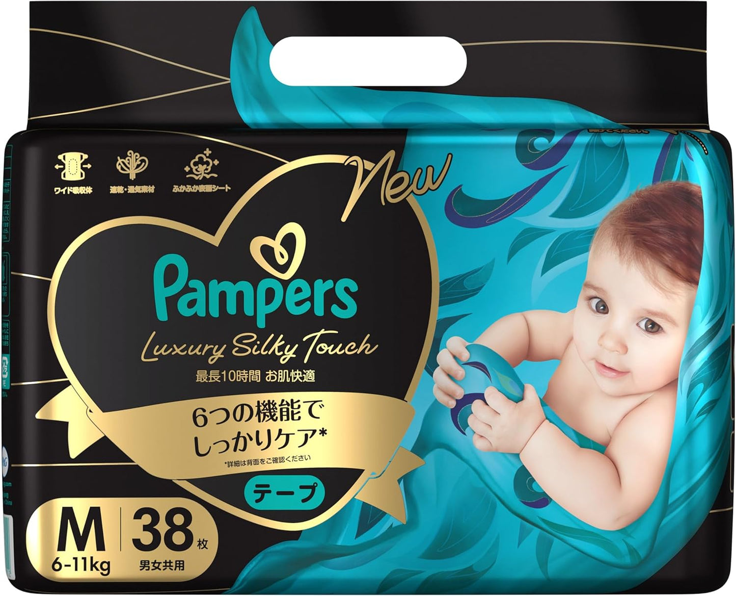 Tape, M Size, Pampers Diapers, Luxury Silky Touch, 13.4 - 24.4 lbs (6 - 11 kg), 38 Sheets (Exclusive)