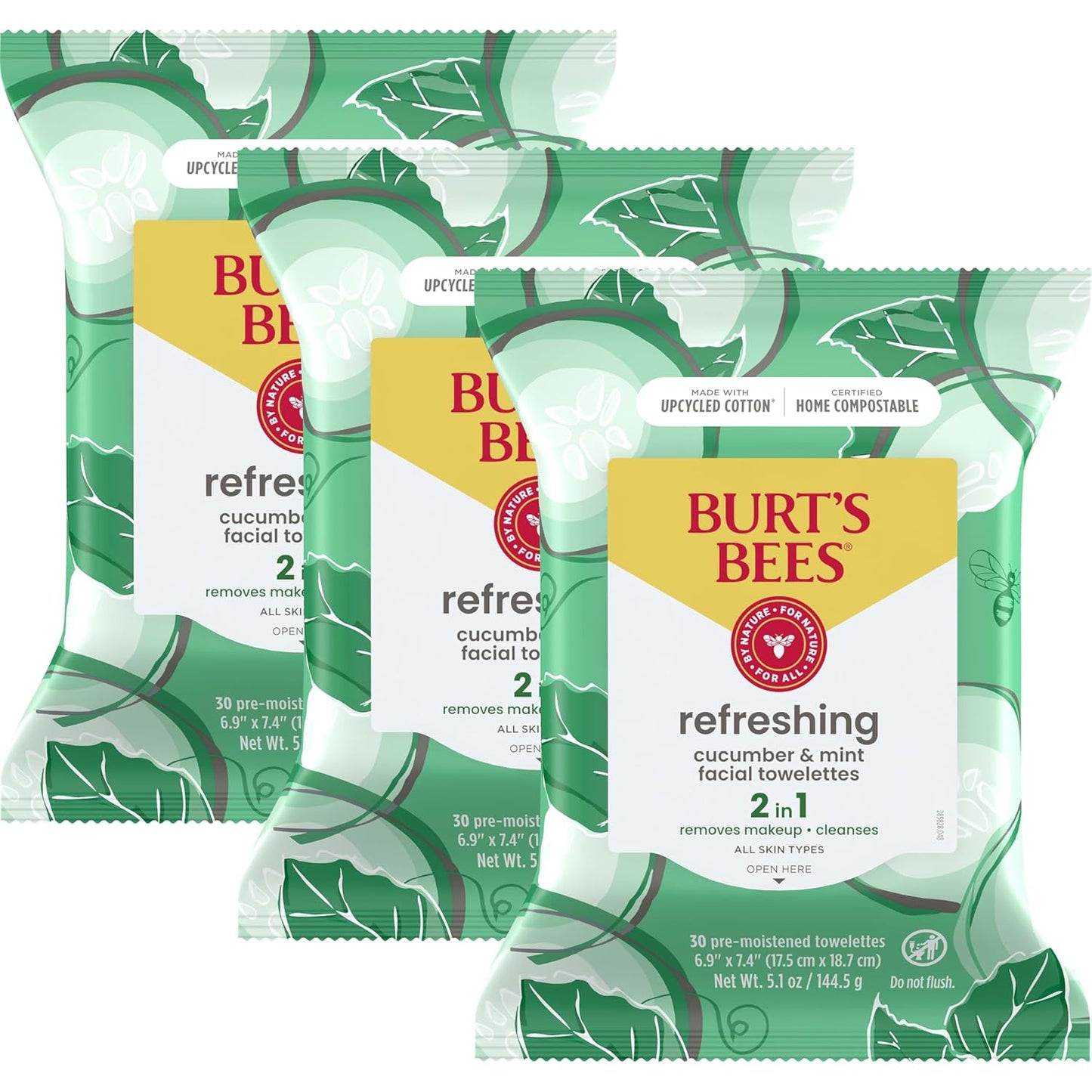 Burt's Bees Rellenos para calcetines, Toallitas faciales de pepino y menta, para todo tipo de piel, Toallitas refrescantes para remover maquillaje y limpieza facial, Regalos de cuidado de la piel para