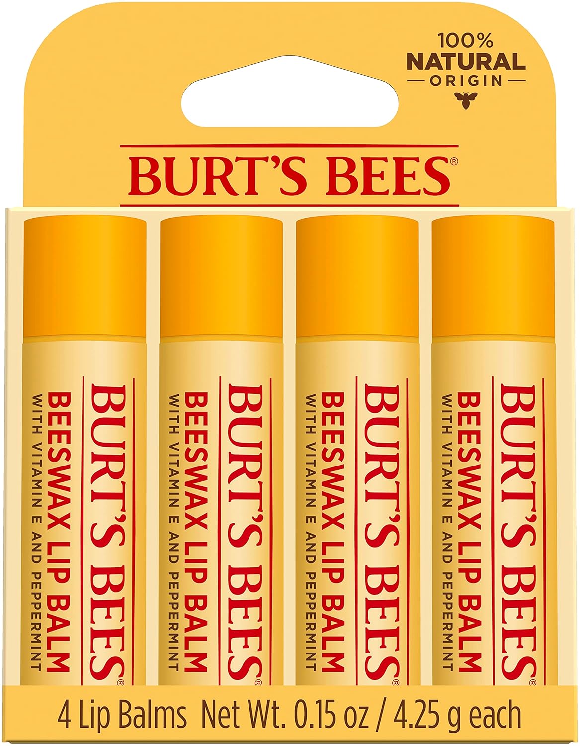Bálsamo labial de cera de abejas de Burts Bees para unisex, 4 bálsamos labiales de 0.15 onzas