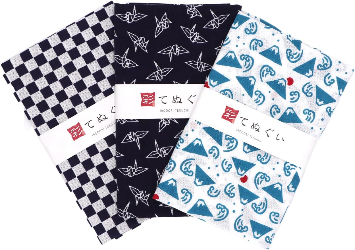 Irodori Komon (Small Crest) Tenugui Japanese Hand Towel, Japan A Set, With Anti-Fraying Treatment, Set of 3, 13.0 x 32.6 inches (33 x 88 m)