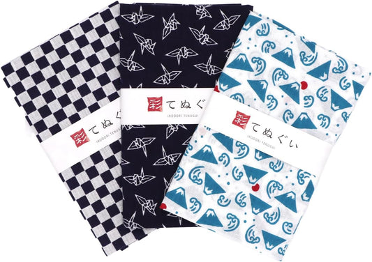 Irodori Komon (Small Crest) Tenugui Japanese Hand Towel, Japan A Set, With Anti-Fraying Treatment, Set of 3, 13.0 x 32.6 inches (33 x 88 m)