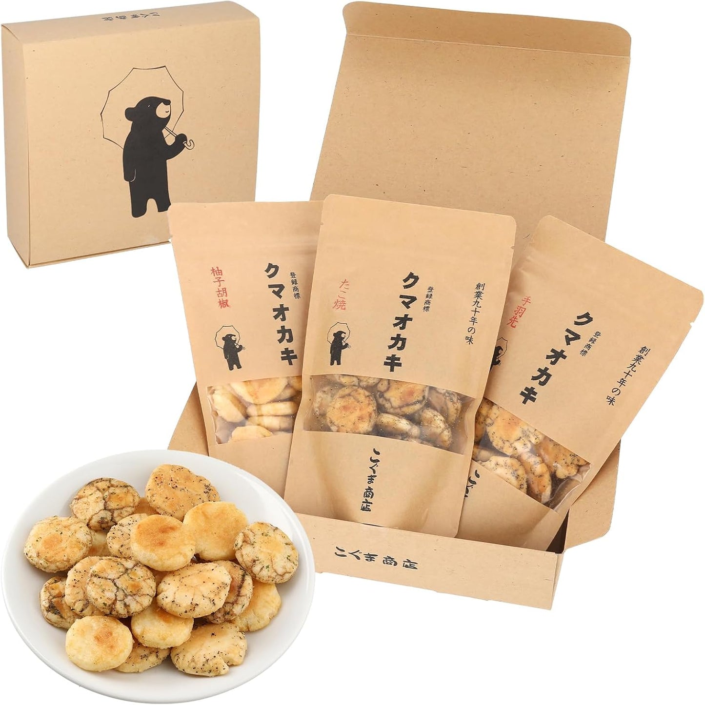 Koguma Shoten Bear Okaki Rice Crackers Confectionery Gift Osaka Souvenir 1.8 oz (50g) × 3 Bags, Recommended 3 Snack Selection (Yuzu Pepper, Takoyaki, Chicken Wing)